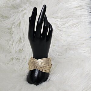 Vintage Crisscross Shimmer Gold Tone Wide Chunky Statement Cuff Bracelet